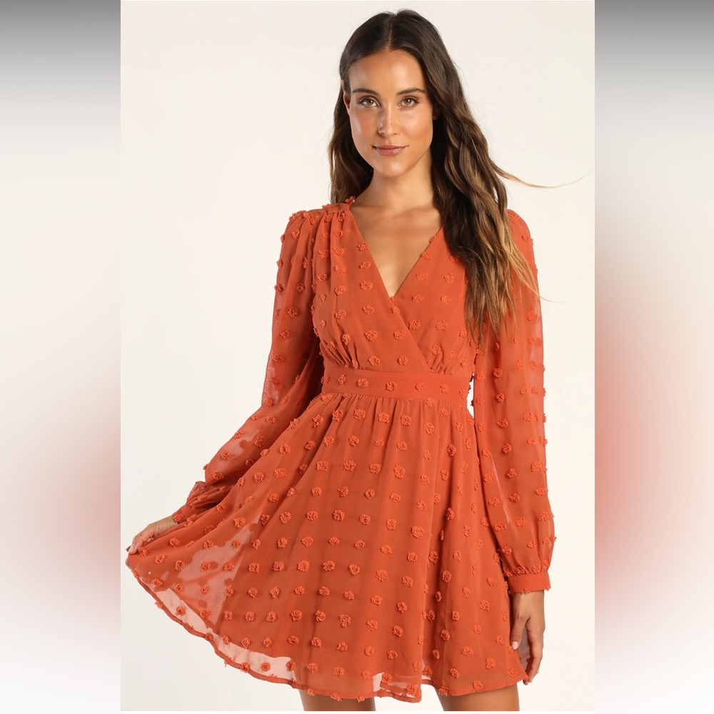 Lulus Always on Repeat Rust Orange Clip Dot Long Sleeve Mini Dress